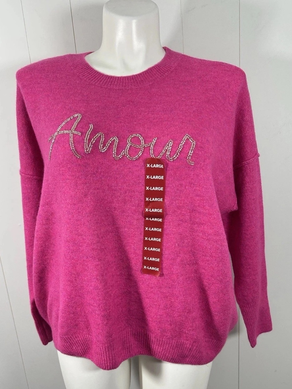 NWT Vince Camuto Size XL Fuchsia Relaxed Fit Cozy Crewneck Heart Sweater Dolman